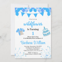 Girl Blue Bear 1st Birthday Invitation Card