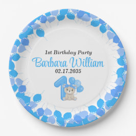 Girl Blue Bear 1st Birthday Paper Plates