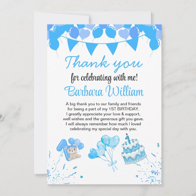 Girl Blue Bear 1st Birthday Thank You Card (Framsida)