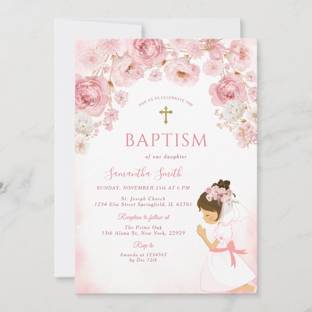 Girl Blush Pink Bow Floral Cross Girl Baptism Inbjudningar (Framsida)