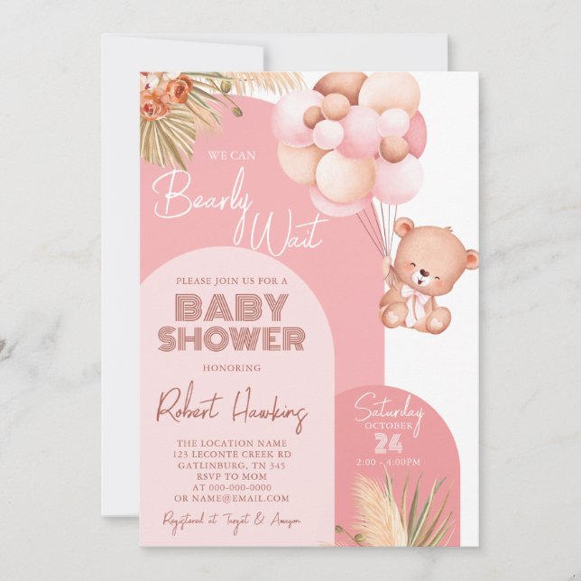 Girl Boho Arch Nalle Barly Wait Baby Shower Inbjudningar (Framsida)