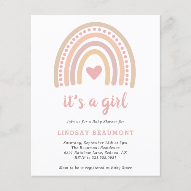 Girl Boho Rainbow Budget Baby Shower-inbjudan (Framsida)