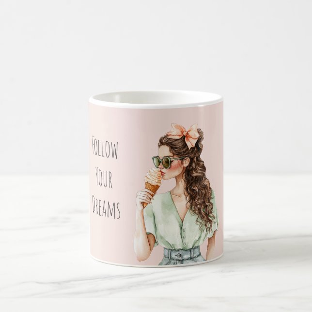 Girl Brown Hair Peach Bow Ice Cream Cone Kaffemugg (Center)