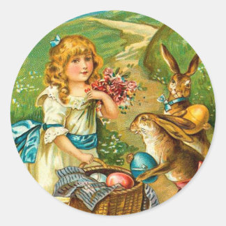 Girl & Bunnies Blommigt Vintage Påsk Landskap Runt Klistermärke