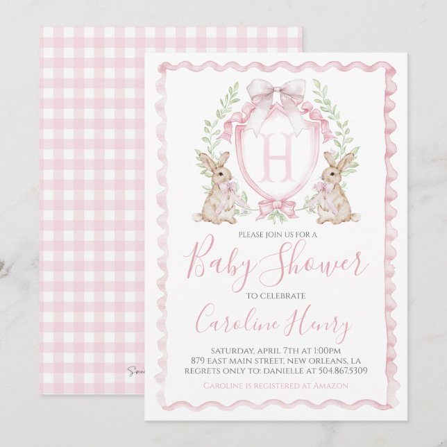 Girl Bunny Rabbit Baby Shower Preppy Gingham Rosa Inbjudningar (Fram/baksida)
