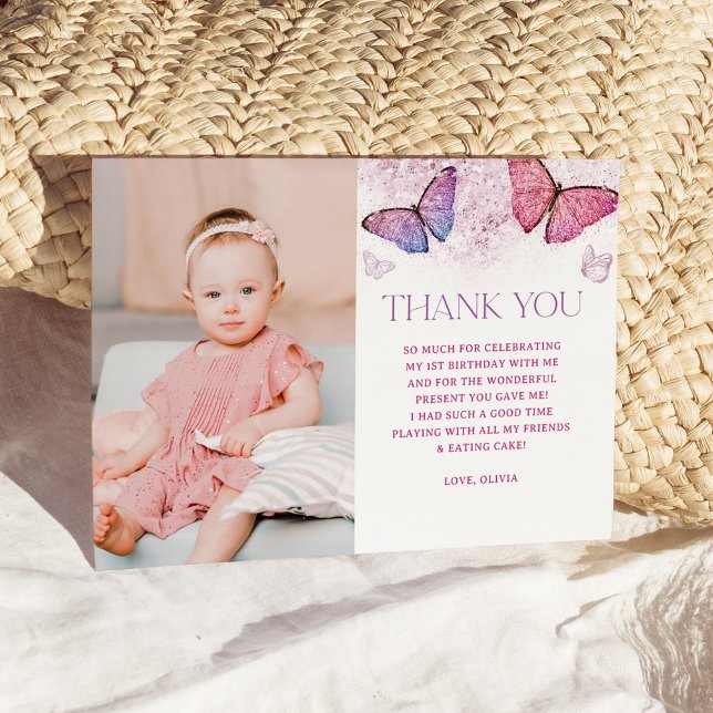 Girl Butterfly Theme 1st Birthday Party Tack Kort (Skapare uppladdad)
