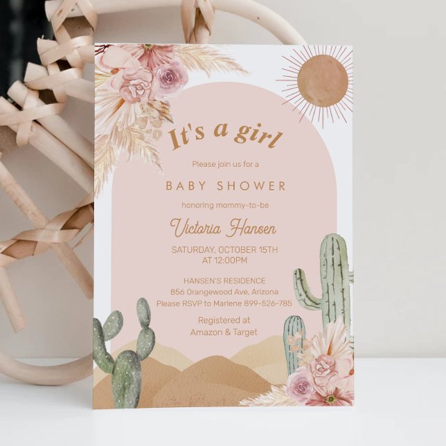 Girl Cactus Desert Baby Shower Southwestern Inbjudningar (Girl Arizona baby shower)