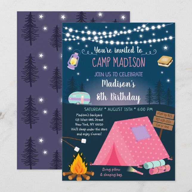 Girl Camping S'mores Sleepover Birthday bjudande Inbjudningar (Fram/baksida)