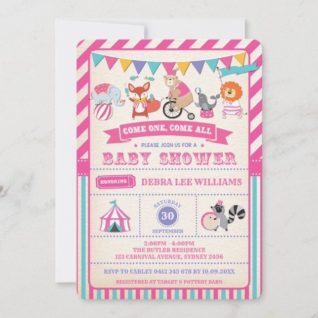 Girl Carnival Circus Animals Baby Shower Inbjudan (Framsida)