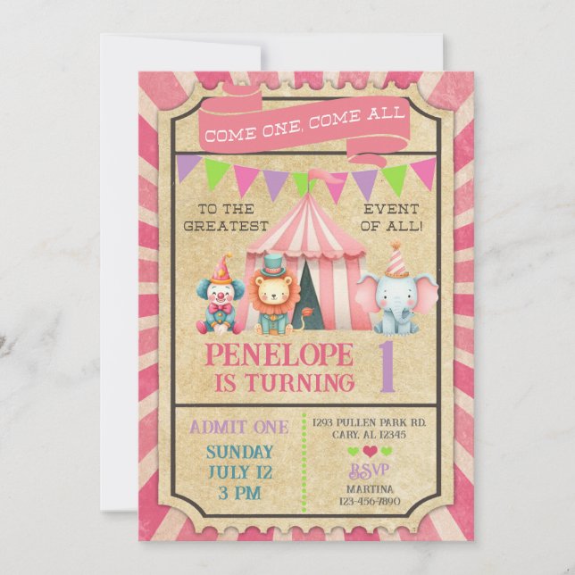 Girl carnival / circus ticket pink birthday invite inbjudningar (Framsida)