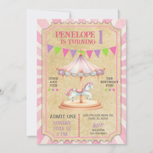 Girl carnival merry go round birthday invite. inbjudningar (Framsida)