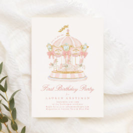 Girl Carousel Fairytale Bows Rosa Födelsedagsfest Inbjudningar