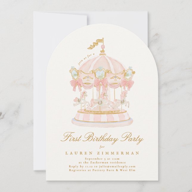 Girl Carousel Fairytale Cream Arch Birthday Party Inbjudningar (Framsida)