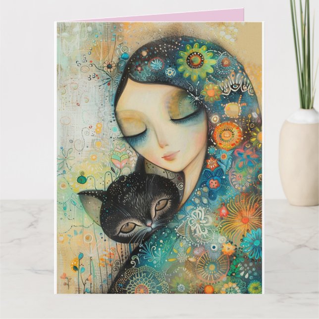 GIRL & CAT BIRTHDAY FRIEND GREETARD KORT (Framsida)