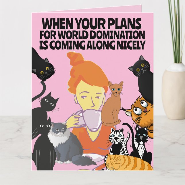 GIRL CATS ART FUNNY WORLD DOMINATION BIRTHDAY CARD TACK KORT (Framsida)