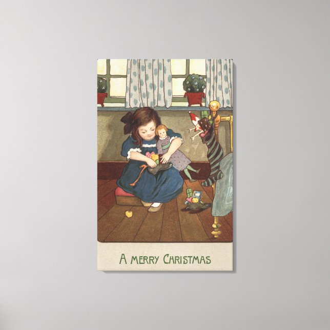 Girl Checking her Shoes Fullt of Goodies Canvastryck (Framsida)