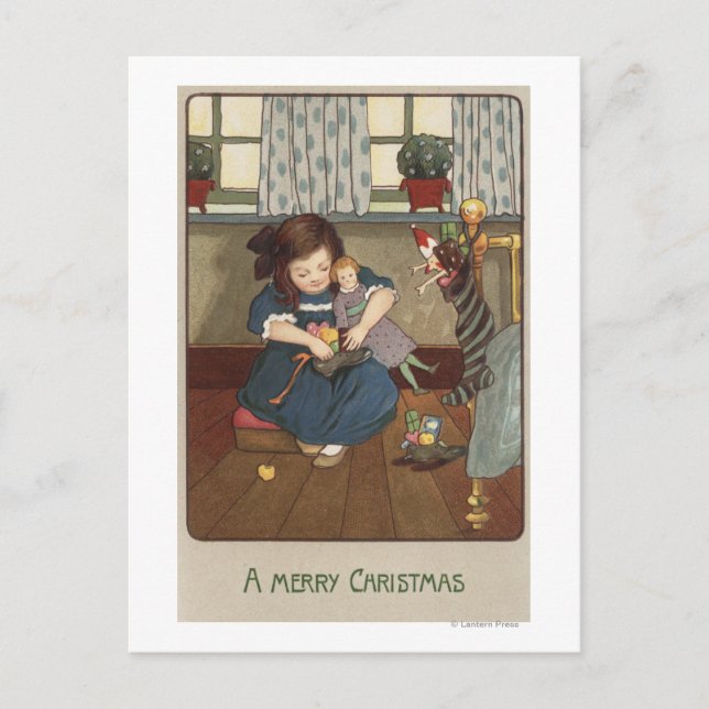 Girl Checking her Shoes Fullt of Goodies Vykort (Framsida)