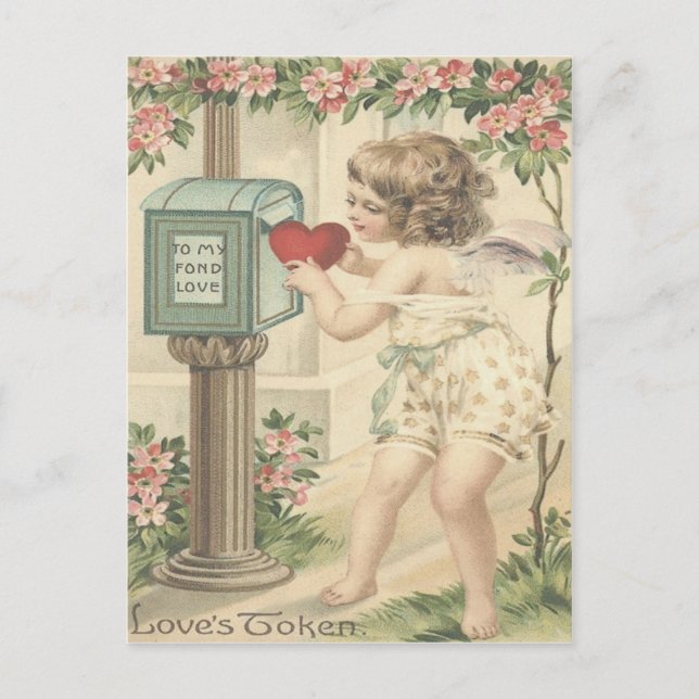 Girl Cherub Heart Cupid Mailbox Valentine Helg Vykort (Framsida)