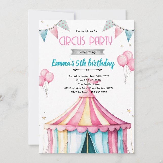 Girl circus party theme invitation inbjudningar (Framsida)