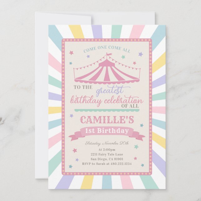 Girl Circus Theme Birthday Party Invitation Inbjudningar (Framsida)