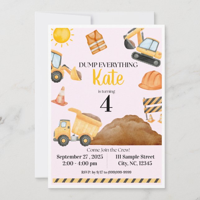 Girl Construction Birthday Invitation Inbjudningar (Framsida)