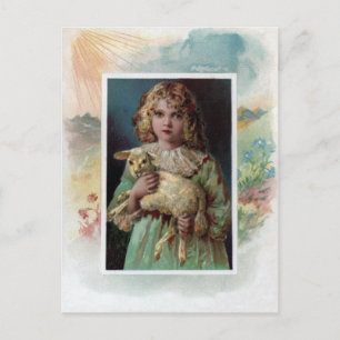 Girl Cradling Lamb Victorian Påsk Helg Vykort