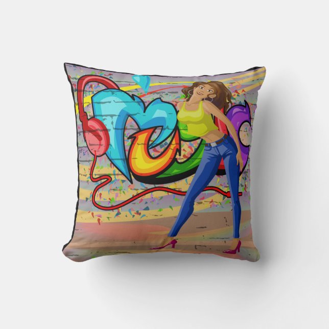 Girl Dancing Music Graffiti Wall Background 3 Kudde (Framsida)