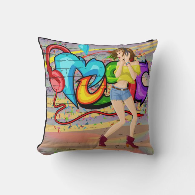 Girl Dancing Music Graffiti Wall Background Kudde (Framsida)