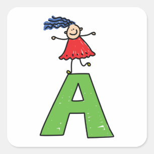 Girl Dancing på Grönt Brev A Roligt Alphabet Fyrkantigt Klistermärke