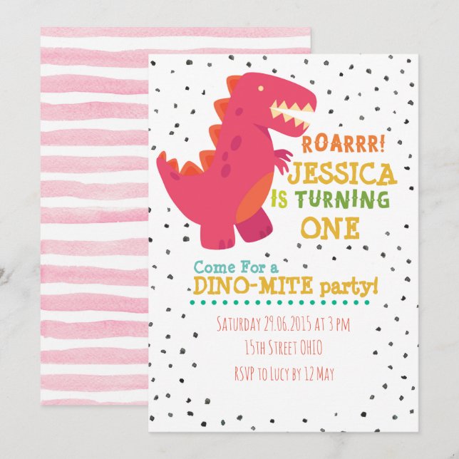 Girl Dino Födelsedagsfest Inbjudan (Fram/baksida)