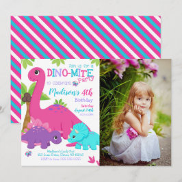 Girl Dinosaur Birthday Photo Invitation Dino Party Inbjudningar