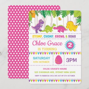 Girl Dinosaur Birthday Rosa Roar Dino Party Inbjudningar