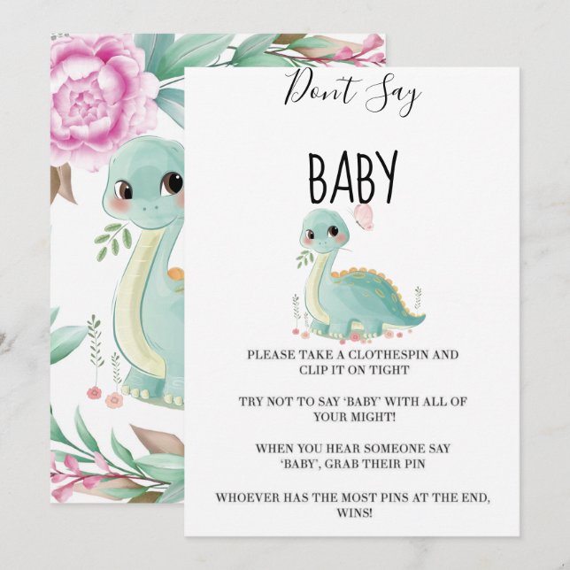 Girl Dinosaur Rosa Peony Säg inte Baby-kort (Fram/baksida)