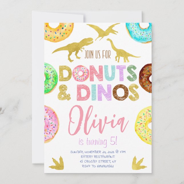 Girl Dinosaurs and Donuts Birthday Inbjudningar (Framsida)