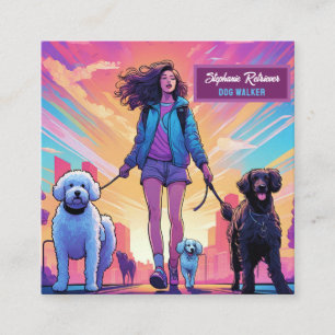 Girl Dog Walker Pet Sitter in Blue Jacka Rosa Fyrkantigt Visitkort