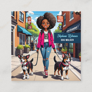 Girl Dog Walker Pet Sitter in Fuchsia Rosa Jacka Fyrkantigt Visitkort