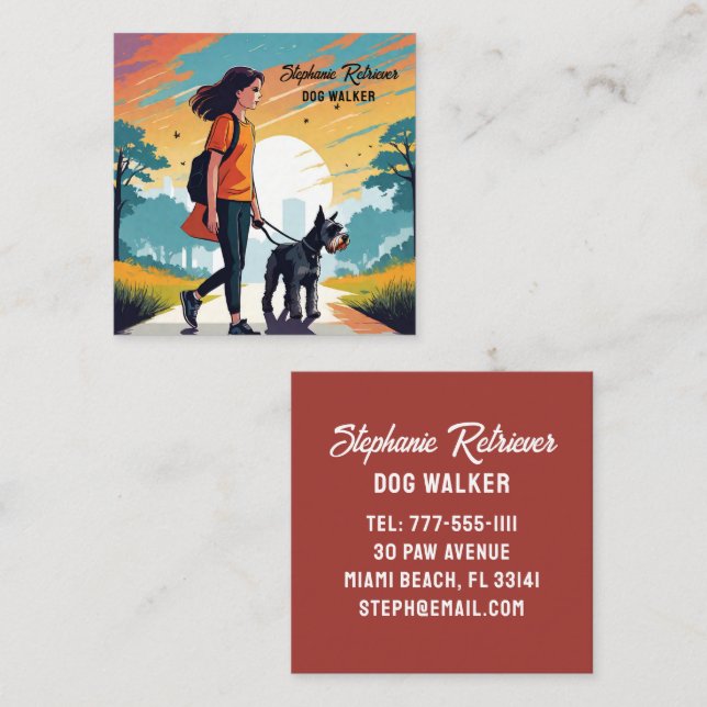 Girl Dog Walker Pet Sitter in Orange T-shirt Fyrkantigt Visitkort (Fram/baksida)
