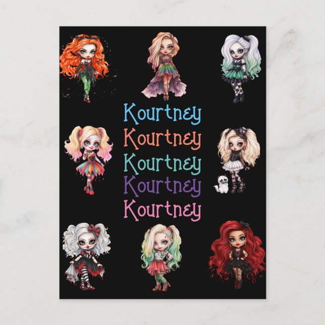 Girl Doll Spooky Halloween Theme med Namn Vykort (Framsida)