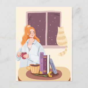 Girl Drinking Tea med katt i mysigt rum Vykort