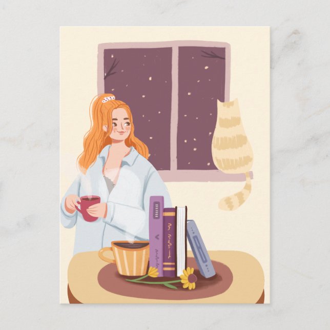 Girl Drinking Tea med katt i mysigt rum Vykort (Framsida)