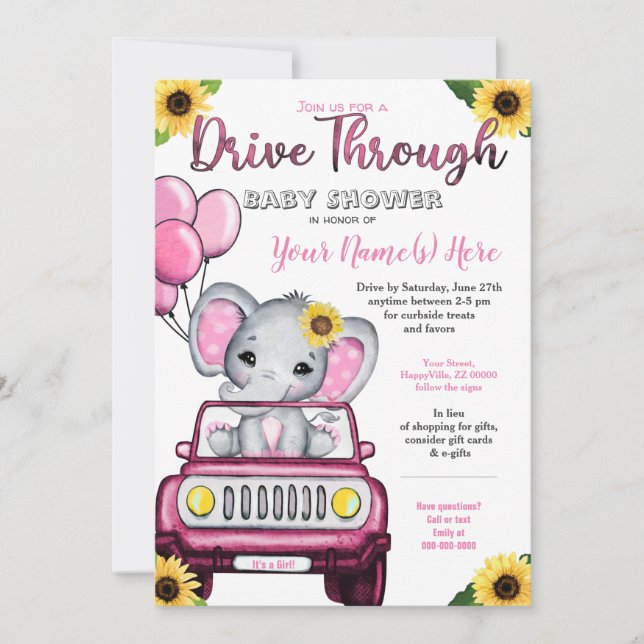 Girl Drive by Baby Shower Elephant Solros Inbjudningar (Framsida)