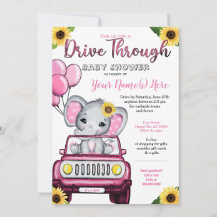 Girl Drive by Baby Shower Elephant Solros Inbjudningar