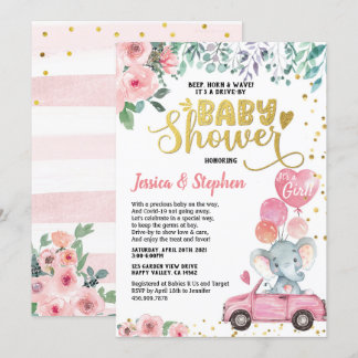 Girl Drive by Baby Shower Parad Rosa Elephant Inbjudningar