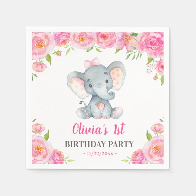 Girl Elephant 1st 2nd Birthday Party Little Peanut Pappersservett (Framsidan)