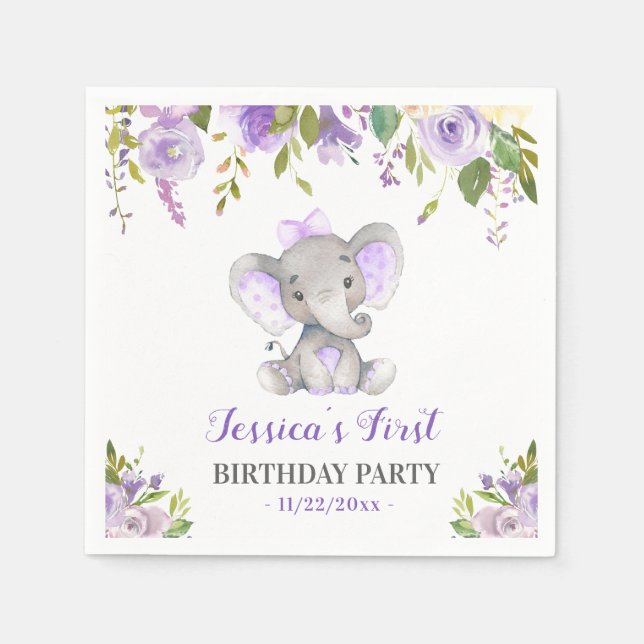 Girl Elephant 1st 2nd Birthday Party Little Peanut Pappersservett (Framsidan)