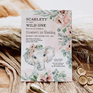 Girl Elephant 1st Birthday  Blommigt Eucalyptus Inbjudningar