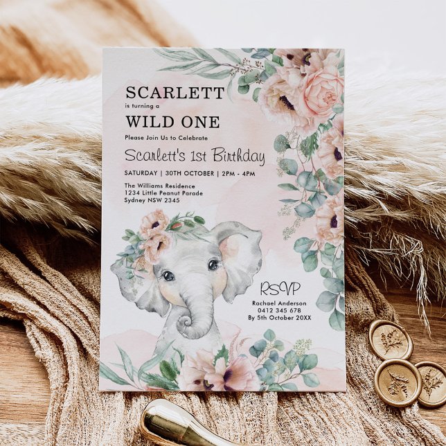 Girl Elephant 1st Birthday  Blommigt Eucalyptus Inbjudningar (Skapare uppladdad)