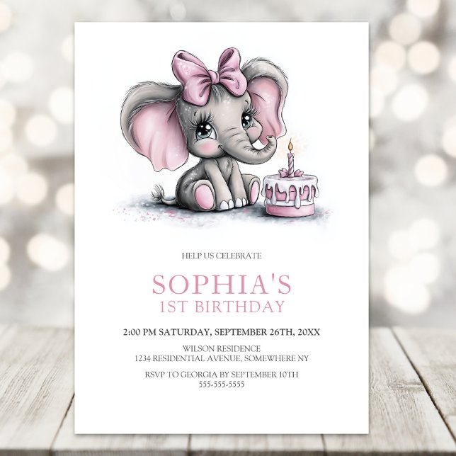 Girl Elephant 1st Birthday Party Invitation Inbjudningar (Skapare uppladdad)