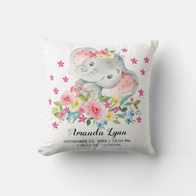 GIRL Elephant Baby Birth Stats Pillow Kudde (Framsida)