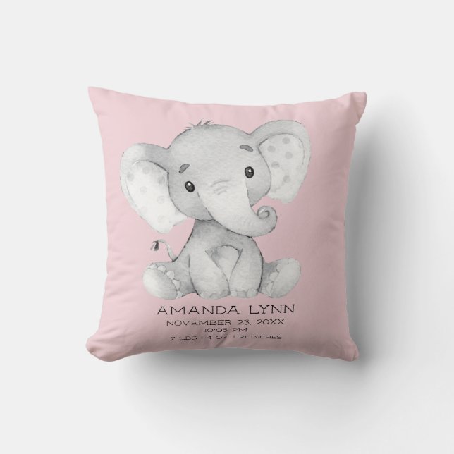 GIRL Elephant Baby Birth Stats Pillow Kudde (Framsida)